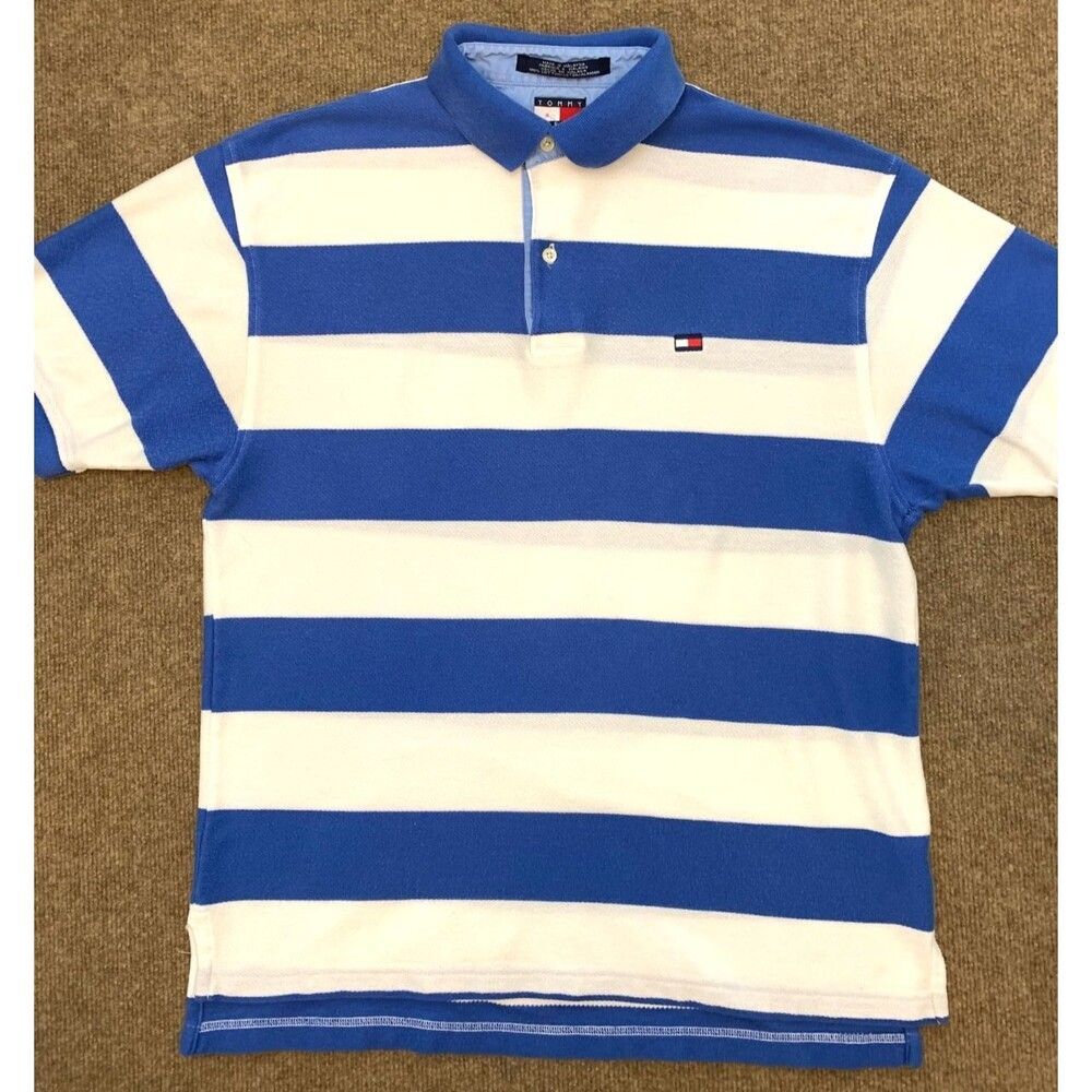 Tommy Hilfiger Polo Shirt Mens M Short Sleeve Stripe Knit Pullover Y2K Vintage